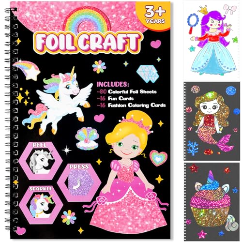 Jectivs Art Craft ActivityFoil Craft Princess DIY Fun Art KitsNo Mess Creative Foil Art Kits Set Drawing Game for KidsBirthday Gifts Crafts Supplies Travel Toys for Girls Boys Ages 4 5 6 7 8 9 Year Old - Image 1