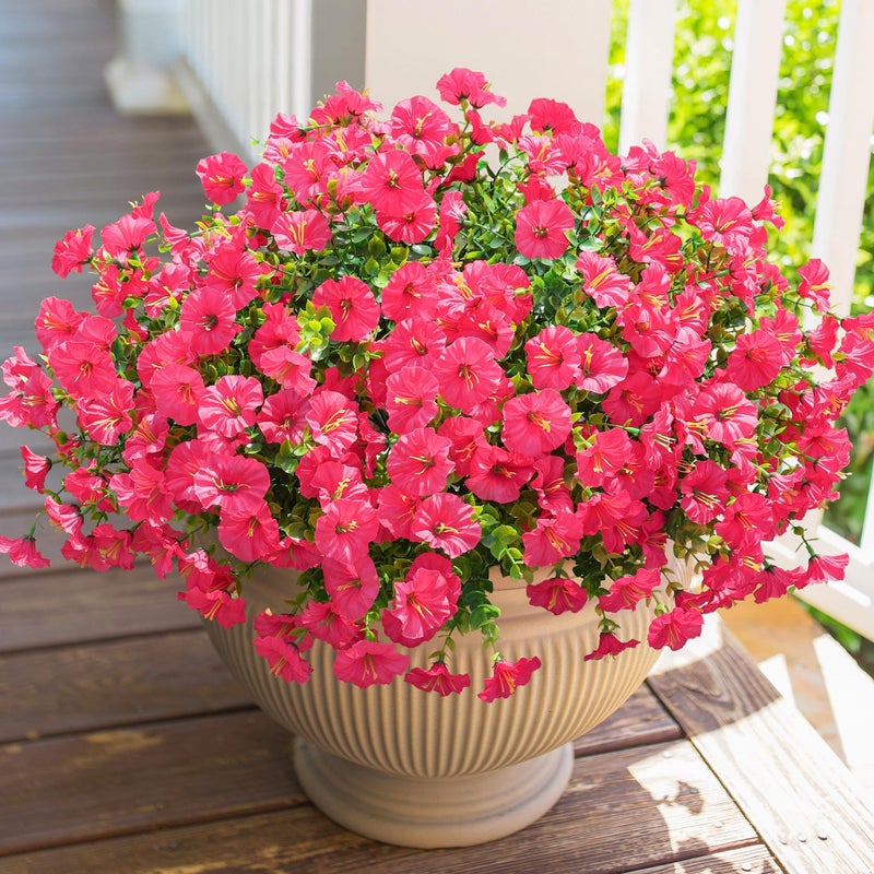 HyeFlora Artificial Flowers for Outdoors Spring Decoration, 12 Bundles Fake Silk Outside Morning Glory UV Resistant Look Real Faux Plants for Planter Front Door Porch Patio Gardens Balcony, Hot-Pink - Image 1