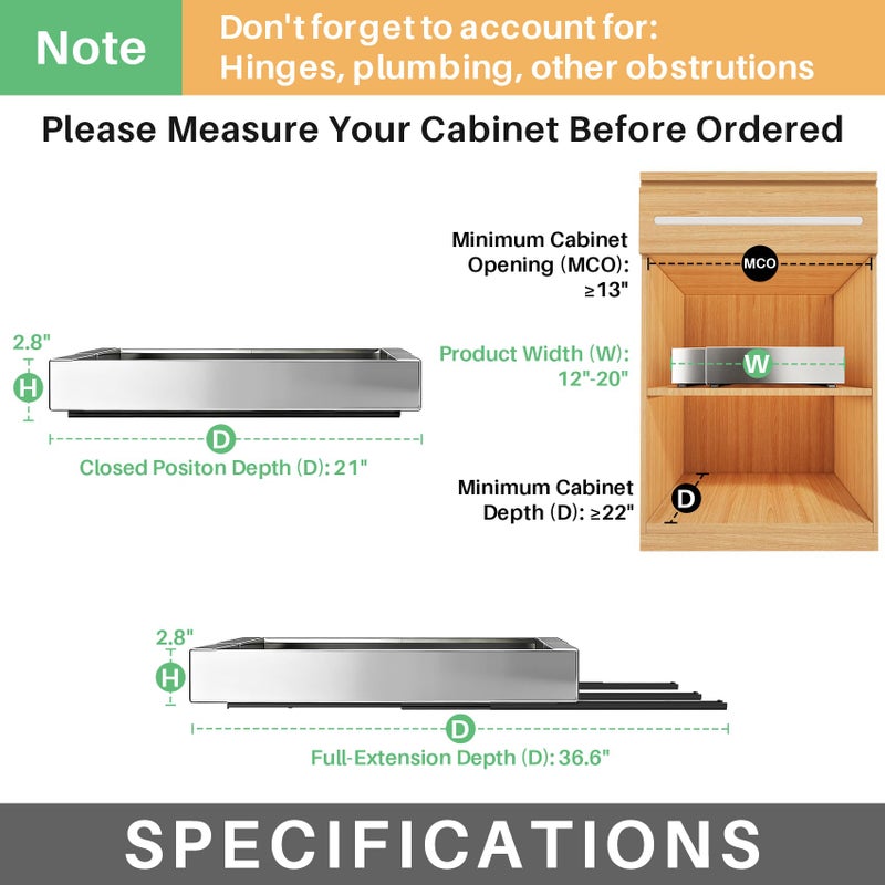 Kitstorack Pull out Cabinet Organizer, Stainless Steel Expandable(12"-20") Heavy Duty Slide out Drawers Fixed with Adhesive Nano Film for Pots, Roll out Shelf Storage for Kitchen Base(Silver-2pcs)(3 Rails) - Image 2