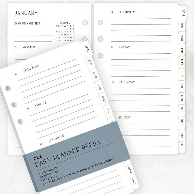 ZICOTO Beautiful 2026 Daily Planner Inserts for 6 Ring Binders - Durable Paper Refill Set 3.75" x 6.75" Personal Planner Size - Incl. Tabs & Monthly Calendar Spreads - From January 2026 - December 2026 - Image 1