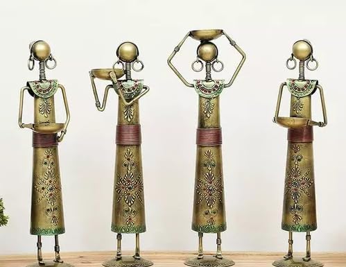 Vipron Metal Wrought Iron Tribal Lady showpieces Ladies Doll Figurine Statue Decorative Items Show Pieces for Home Decor Stylish Living Room Tea Light Stand Golden