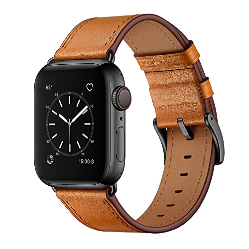 OUHENG Leather Bands Compatible with Apple Watch Band 49mm/46mm/45mm/44mm/42mm, Genuine Leather Replacement Strap for iWatch Series 11/10/9/8/7/6/5/4/3/2/1 & Ultra 3/2/1 & SE3 SE2 SE, Brown/Black - Image 1