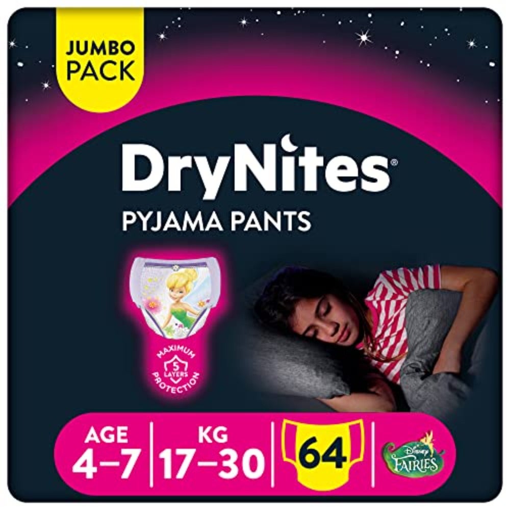 DryNites Pyjama Pants, 4-7 years, Bed Wetting Diaper, Girls, 17-30 kg, 4 x Jumbo Packs, 64 Pants