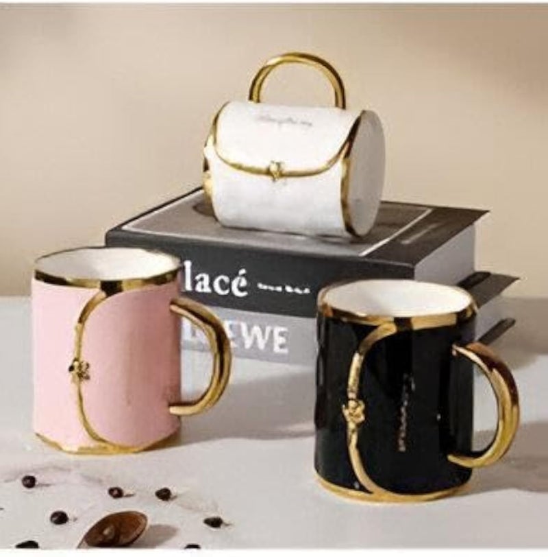 كوب شاي - كوب سيراميك دائري مستوحى من حقائب اليد مع ملعقة وغطاء، مثالي لجلسات القهوة الراقية، أو وقت الشاي المريح، أو الاستمتاع بالكابتشينو، أو المشروبات الساخنة في المنزل أو المكتب (3 قطع)