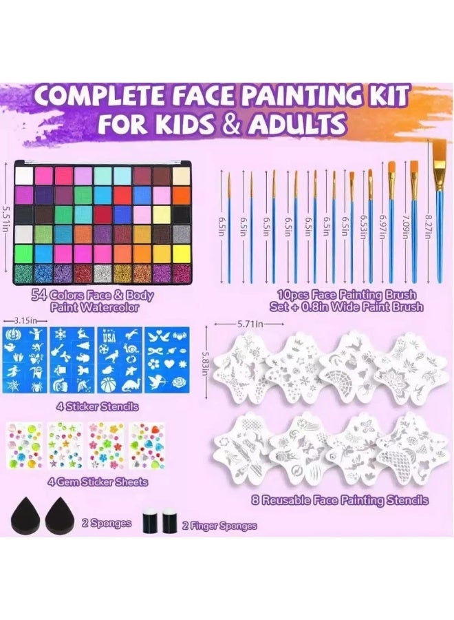 ATRJSZ 54 Colors Face Painting Kit for Kids,Body Paint for Adults, Non Toxic Makeup Professional, Includes 11 Brushes, 4 Stencils 8 stencils, 4 templates, 4 sponges, Suitable for Festivals, Birthday Parties - Image 2