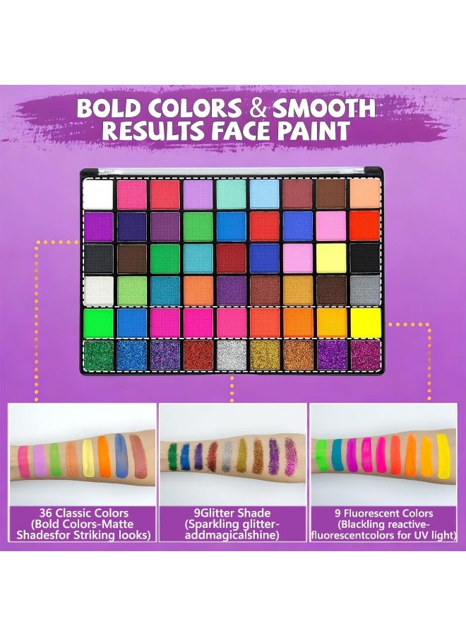 ATRJSZ 54 Colors Face Painting Kit for Kids,Body Paint for Adults, Non Toxic Makeup Professional, Includes 11 Brushes, 4 Stencils 8 stencils, 4 templates, 4 sponges, Suitable for Festivals, Birthday Parties - Image 4