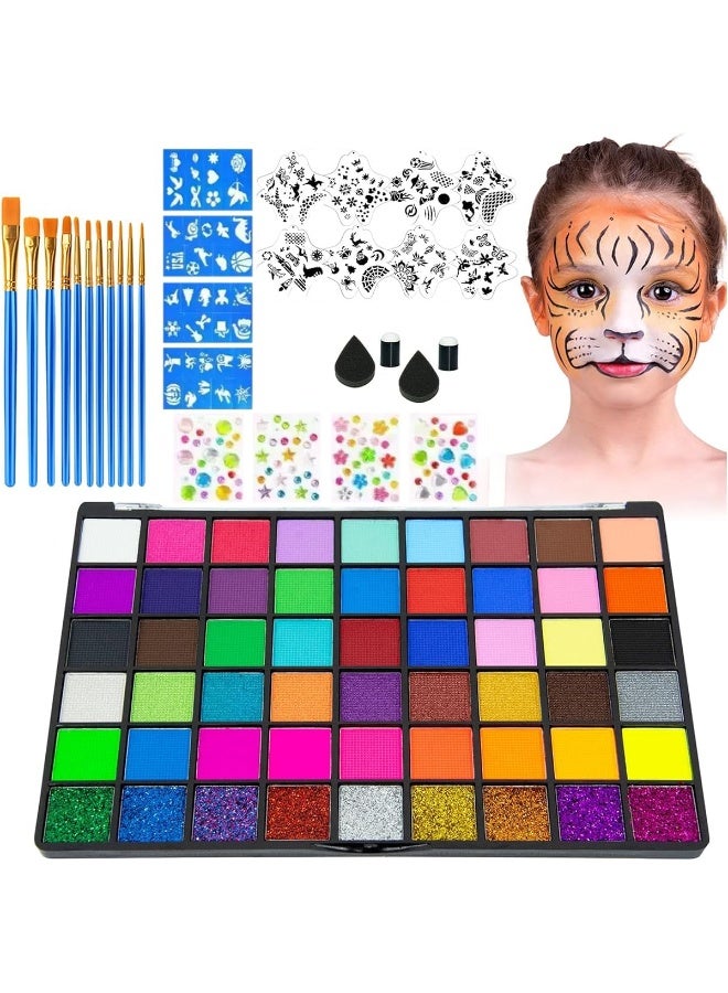 ATRJSZ 54 Colors Face Painting Kit for Kids,Body Paint for Adults, Non Toxic Makeup Professional, Includes 11 Brushes, 4 Stencils 8 stencils, 4 templates, 4 sponges, Suitable for Festivals, Birthday Parties - Image 1