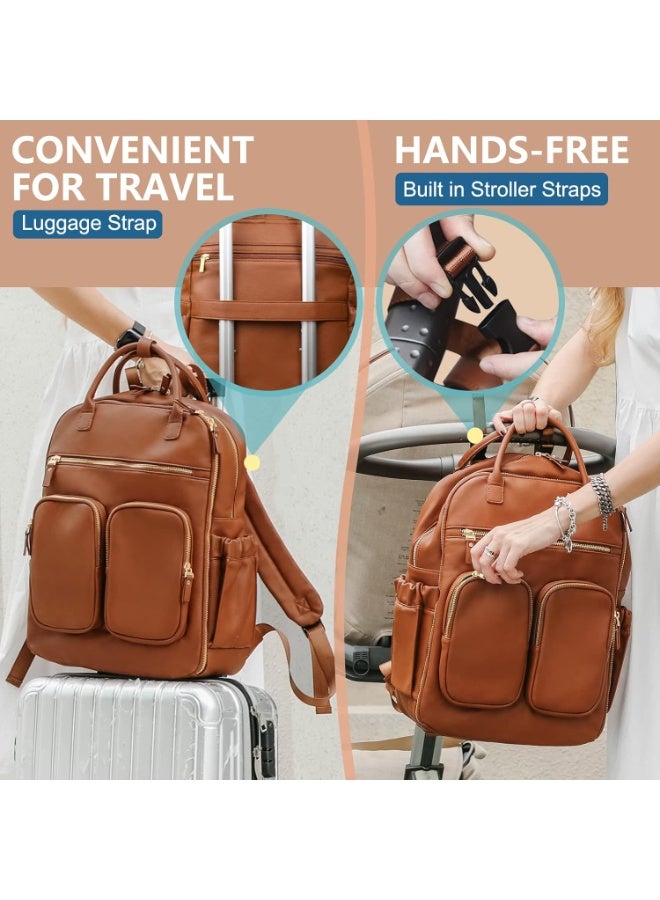 MOMINSIDE Diaper Bag Backpack, Leather Baby Bag with 18 Pockets, Diaper Backpack for Women Mom, Travel Baby Bag for Girl Boy, Large Wet Pocket, 4 Insulated Pockets, Stroller Straps, Brown - Image 5