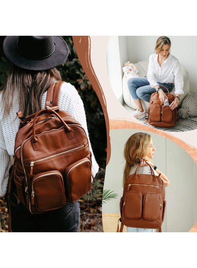 MOMINSIDE Diaper Bag Backpack, Leather Baby Bag with 18 Pockets, Diaper Backpack for Women Mom, Travel Baby Bag for Girl Boy, Large Wet Pocket, 4 Insulated Pockets, Stroller Straps, Brown - Image 3
