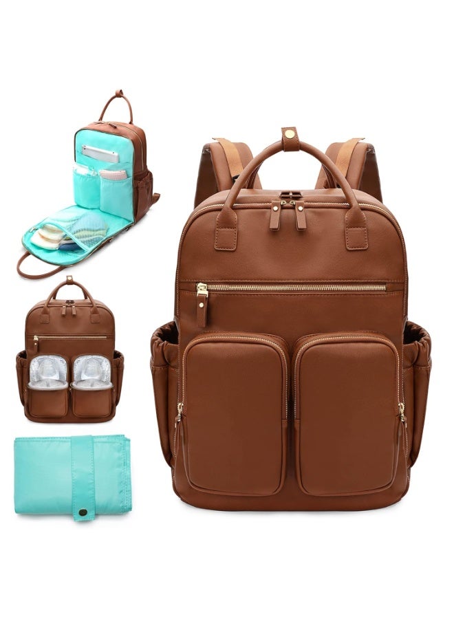 MOMINSIDE Diaper Bag Backpack, Leather Baby Bag with 18 Pockets, Diaper Backpack for Women Mom, Travel Baby Bag for Girl Boy, Large Wet Pocket, 4 Insulated Pockets, Stroller Straps, Brown - Image 1