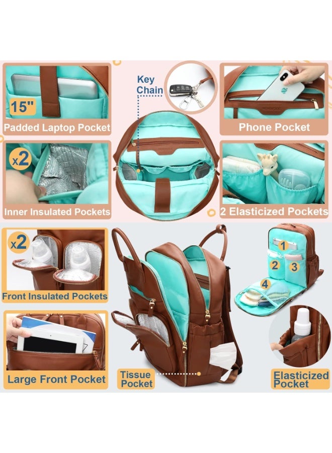 MOMINSIDE Diaper Bag Backpack, Leather Baby Bag with 18 Pockets, Diaper Backpack for Women Mom, Travel Baby Bag for Girl Boy, Large Wet Pocket, 4 Insulated Pockets, Stroller Straps, Brown - Image 4