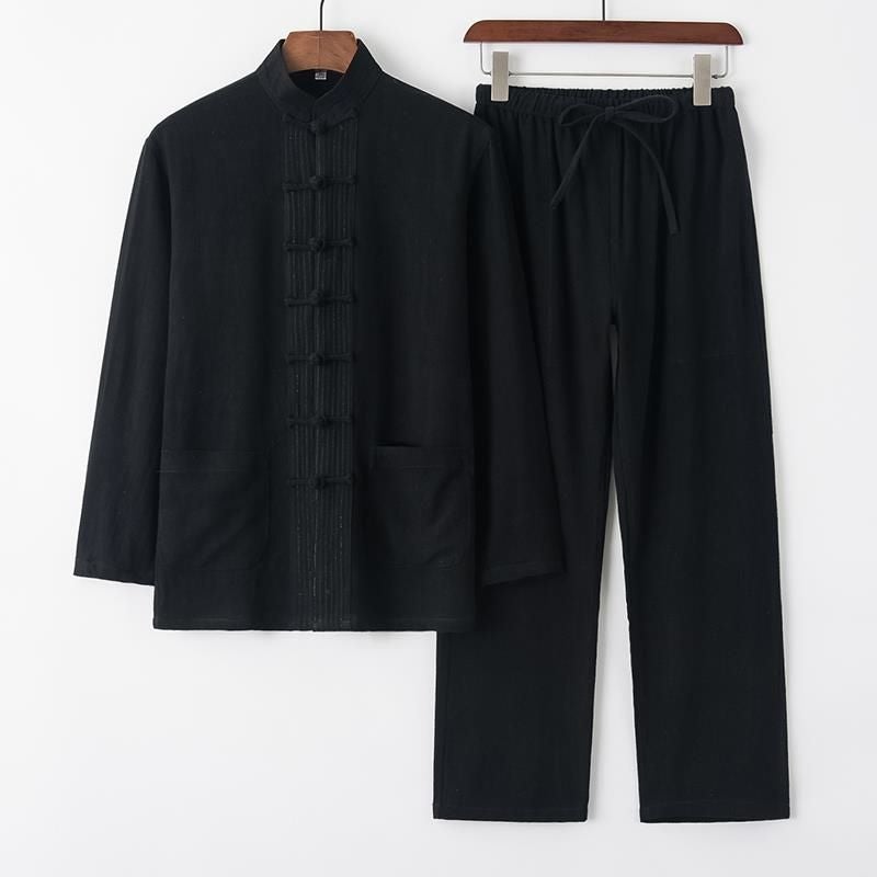 Cotton Linen Tang Suit Mens Chinese Long-sleeved suit Chinese Style Retro Buckle Mens Middle-aged and Elderly Loose Chinese Tai Chi Suit Black suit  - Image 1