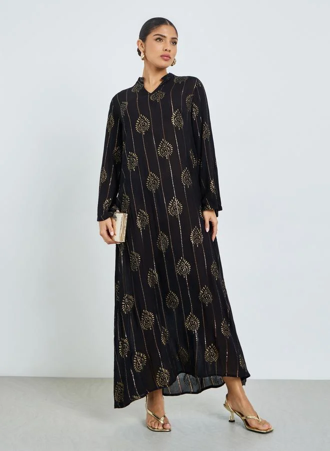 Black Foil Print Lurex Jalabiya