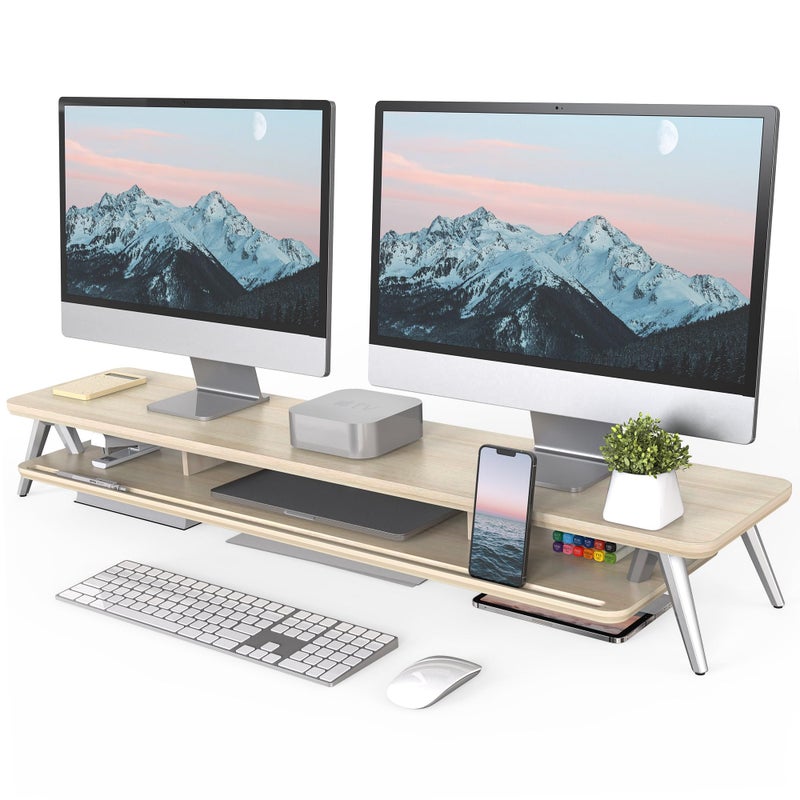 Fenge Dual Monitor Stand, Monitor Stands Riser for 2 monitors, 42.5 Inch Wood Desk Shelf with Storage Organizer and Cable Management for Office Desk Accessories - Image 1