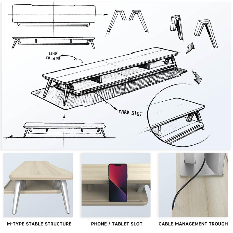 Fenge Dual Monitor Stand, Monitor Stands Riser for 2 monitors, 42.5 Inch Wood Desk Shelf with Storage Organizer and Cable Management for Office Desk Accessories - Image 5