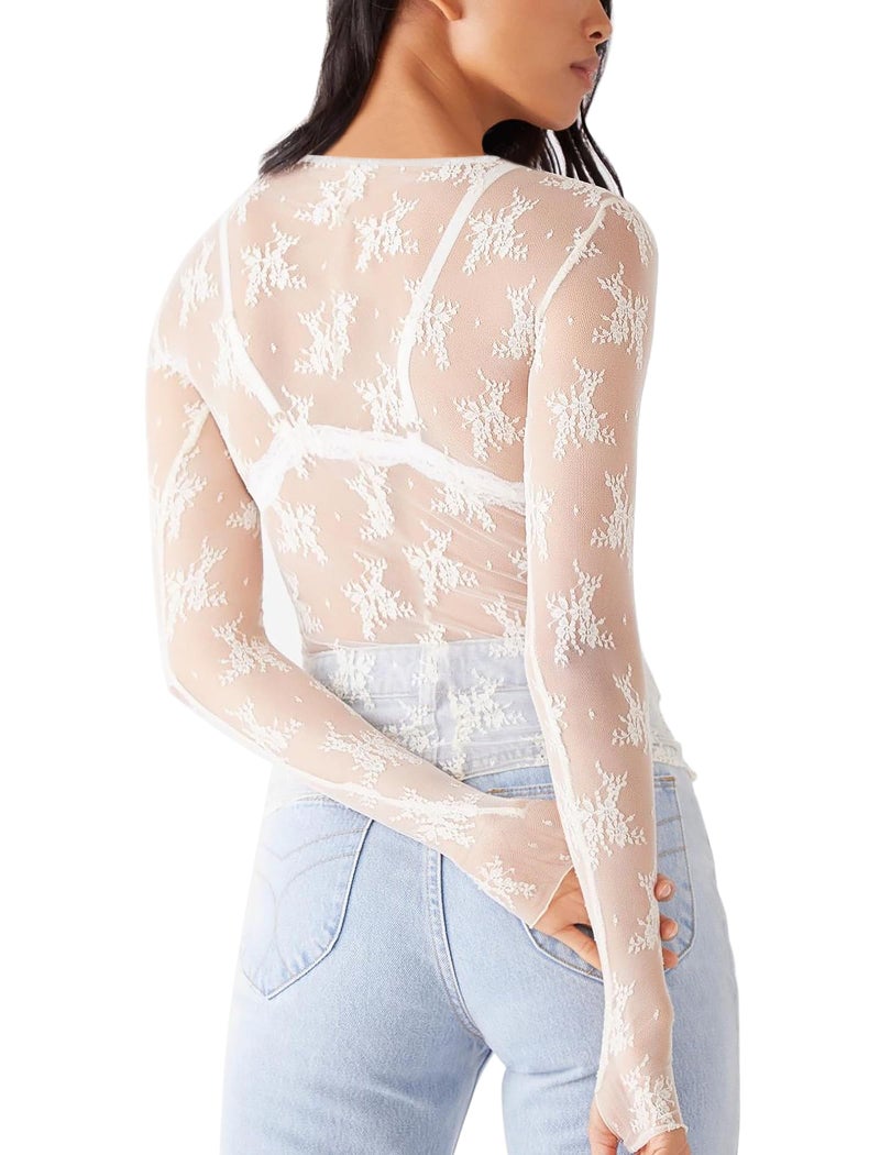 OFEEFAN Lace Tops for Women Sexy Top White Mesh Long Sleeve Tops Slim Fitted Sheer Undershirt Trendy Summer Going Out Crewneck Shirts See Through Blouses M - Image 4