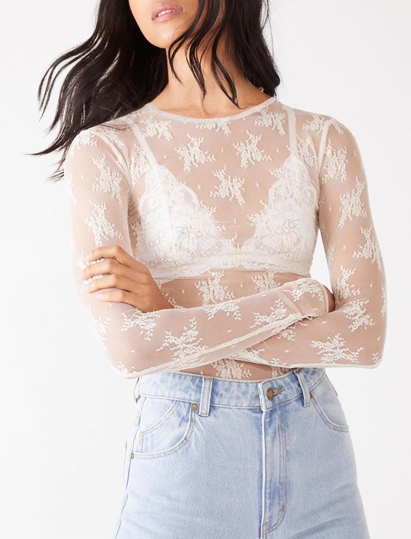 OFEEFAN Lace Tops for Women Sexy Top White Mesh Long Sleeve Tops Slim Fitted Sheer Undershirt Trendy Summer Going Out Crewneck Shirts See Through Blouses M - Image 3