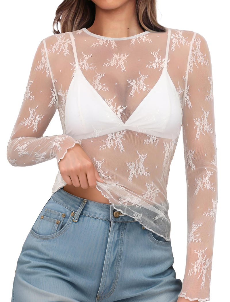 OFEEFAN Lace Tops for Women Sexy Top White Mesh Long Sleeve Tops Slim Fitted Sheer Undershirt Trendy Summer Going Out Crewneck Shirts See Through Blouses M - Image 1