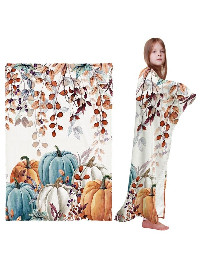 Vandarllin Fall Thanksgiving Kids Throw Blankets, Watercolor Autumn Pumpkins Terracotta Eucalyptus Leaves Soft Fleece Blanket Decorative for Home Sofa Couch Chair Living Bedroom,30x40 inches, Blue Orange - Image 1