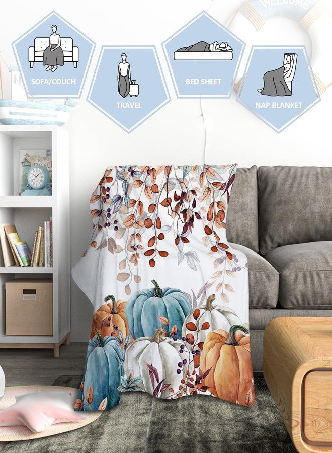 Vandarllin Fall Thanksgiving Kids Throw Blankets, Watercolor Autumn Pumpkins Terracotta Eucalyptus Leaves Soft Fleece Blanket Decorative for Home Sofa Couch Chair Living Bedroom,30x40 inches, Blue Orange - Image 3