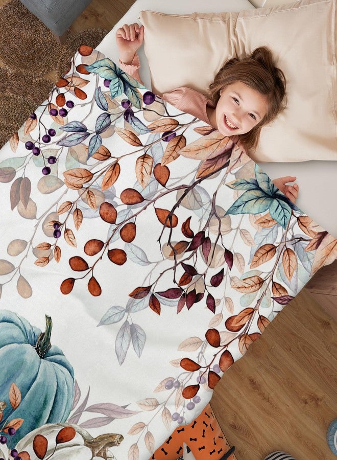 Vandarllin Fall Thanksgiving Kids Throw Blankets, Watercolor Autumn Pumpkins Terracotta Eucalyptus Leaves Soft Fleece Blanket Decorative for Home Sofa Couch Chair Living Bedroom,30x40 inches, Blue Orange - Image 4