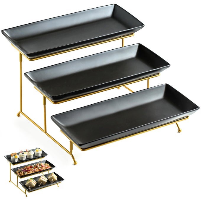 3 TIER SERVING TRAY SET TIERED SERVING STAND WITH PLATTERS SERVING DISHES FOR ENTERTAINING HALLOWEEN CHRISTMAS PARTY COLLAPSIBLE STURDIER STAND 14 INCH LARGE PLATTERS FOR FOOD DISPLAY