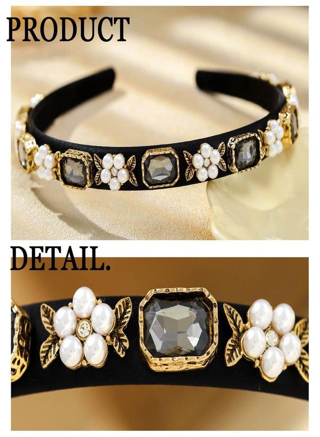 Firuilo Baroque Crystal Headbands Pearl Rhinestones Hair Bands Sparkly Black Diamond Hair Hoop Vintage Thin Hair Accessories for Women - Image 4