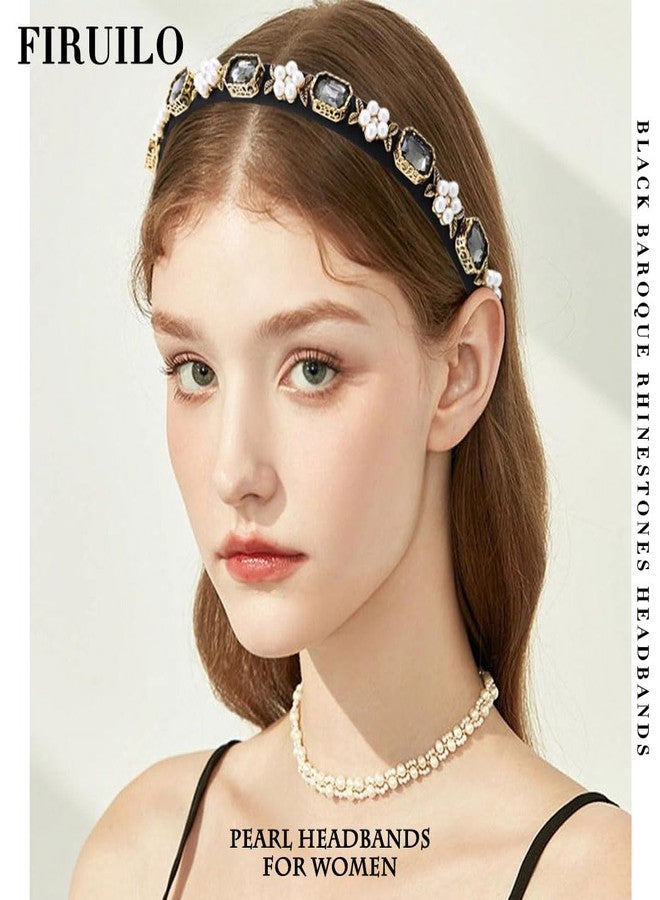 Firuilo Baroque Crystal Headbands Pearl Rhinestones Hair Bands Sparkly Black Diamond Hair Hoop Vintage Thin Hair Accessories for Women - Image 5