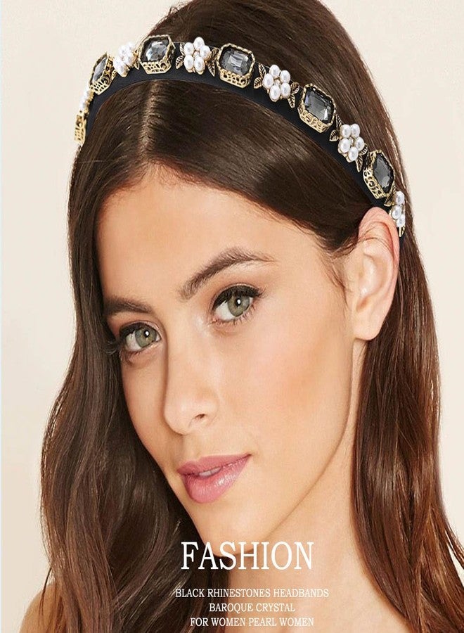 Firuilo Baroque Crystal Headbands Pearl Rhinestones Hair Bands Sparkly Black Diamond Hair Hoop Vintage Thin Hair Accessories for Women - Image 3