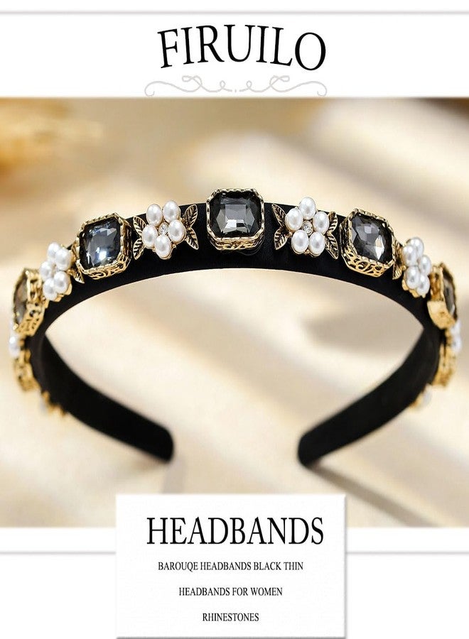 Firuilo Baroque Crystal Headbands Pearl Rhinestones Hair Bands Sparkly Black Diamond Hair Hoop Vintage Thin Hair Accessories for Women - Image 2
