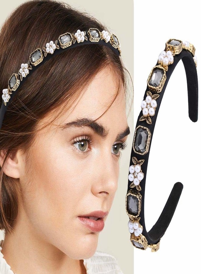 Firuilo Baroque Crystal Headbands Pearl Rhinestones Hair Bands Sparkly Black Diamond Hair Hoop Vintage Thin Hair Accessories for Women - Image 1