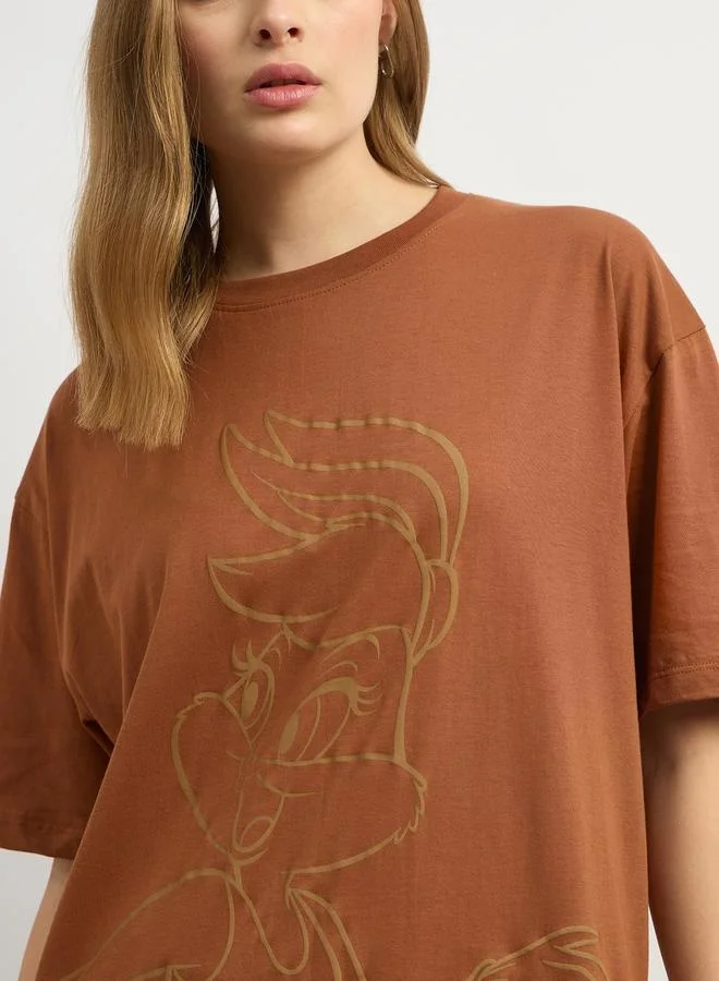Styli Graphic Print Oversized Round Neck Longline T-Shirt