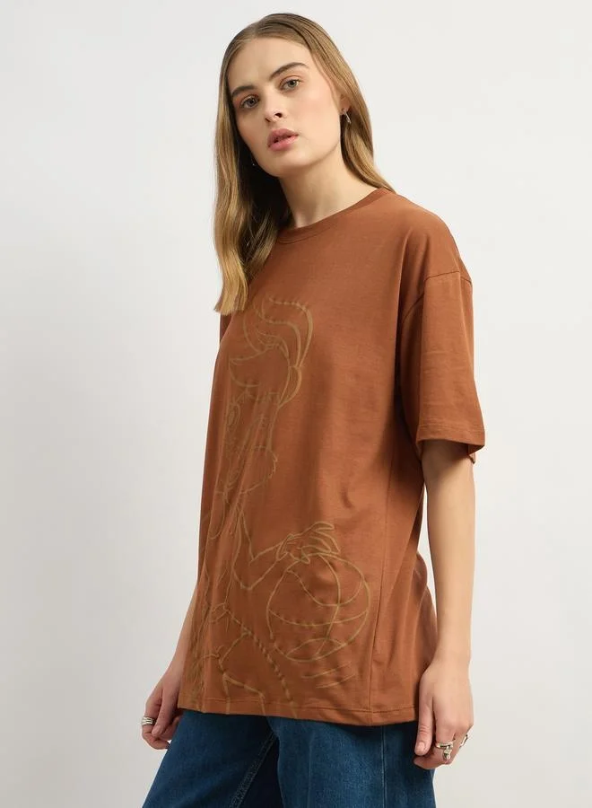 Styli Graphic Print Oversized Round Neck Longline T-Shirt