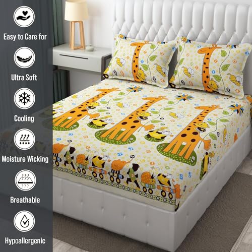 DECOMIZER Glace Cotton Wrinkle Free Soft Hypoallergenic Bed Sheet | Cartoon Printed Double Bedsheets King Size for Kids with 2 Pillow Cover (90x95 Inches/Giraffe), 300 TC, White - Image 4