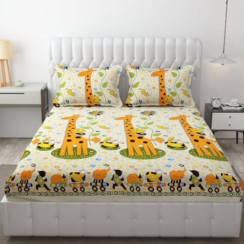 DECOMIZER Glace Cotton Wrinkle Free Soft Hypoallergenic Bed Sheet | Cartoon Printed Double Bedsheets King Size for Kids with 2 Pillow Cover (90x95 Inches/Giraffe), 300 TC, White - Image 1