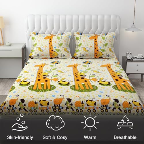 DECOMIZER Glace Cotton Wrinkle Free Soft Hypoallergenic Bed Sheet | Cartoon Printed Double Bedsheets King Size for Kids with 2 Pillow Cover (90x95 Inches/Giraffe), 300 TC, White - Image 5