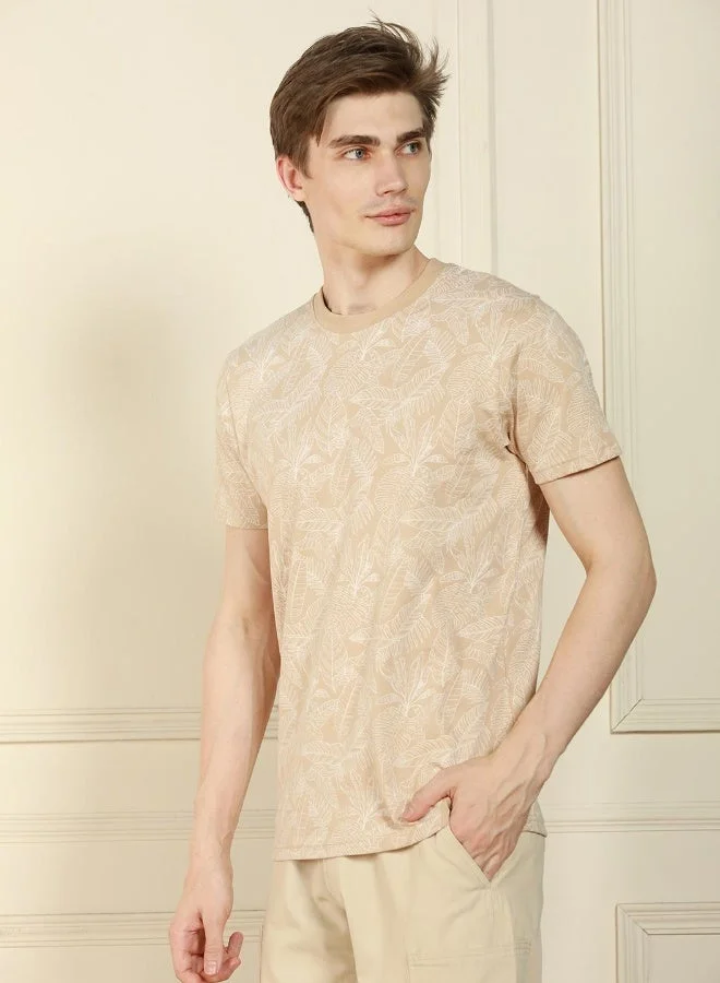 Regular Fit Offwhite Cotton Round Neck T-Shirt