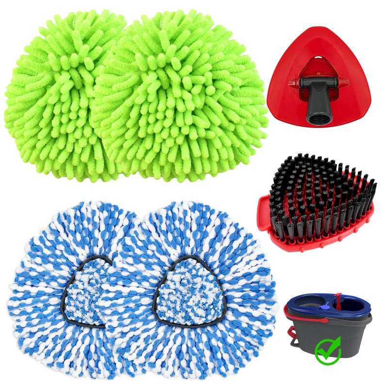 Hezane 2 Microfiber Mop Head Refills and 2 Chenille Mop Pads,1 Upgrade Scrub Brush 1 Spin Mop Base for O Cedar RinseClean 2 Tank Spin Mop System,Spin Microfiber Mop Refills for Cleaning All Floors - Image 1