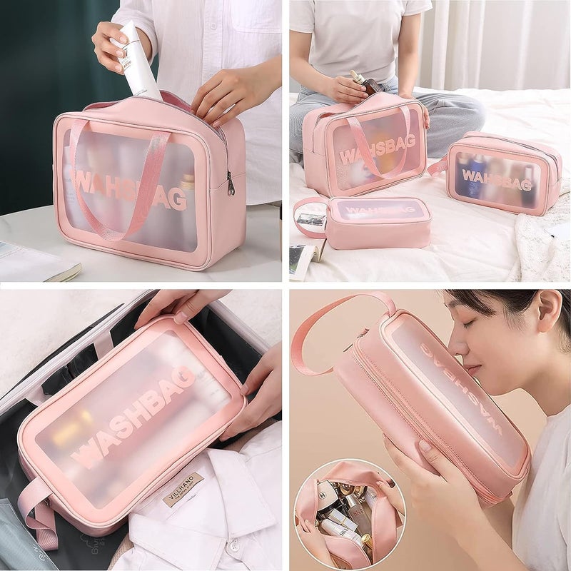 Travel Makeup Pouch Set Women and Girls Toiletry Storage Pouch Cosmetic Organizer Bag Accessories Set of 3 Pink Colour - Image 4