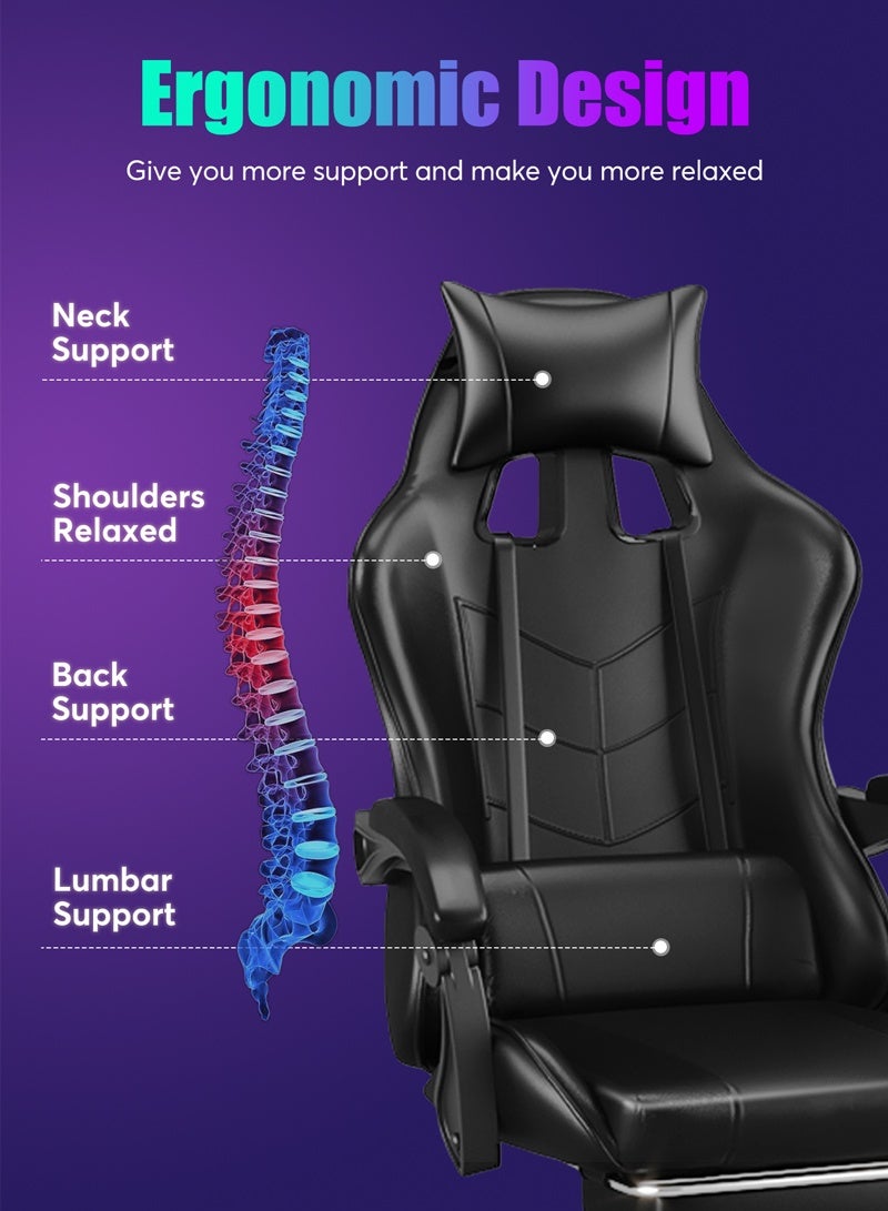 هافرتيس كرسي ألعاب مريح، كرسي كمبيوتر مع وسادة للخصر والرأس، مسند ذراع ومسند للقدمين، كرسي ألعاب من الجلد الصناعي - Image 3