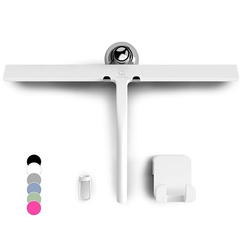 GÜTEWERK Silicone Shower Squeegee for Glass Doors & Mirrors with Stainless Steel Core, Streak-Free & No-Squeak Window Cleaning, 3-in-1 No-Drill Mount (Hook/Suction/Adhesive),White, 15 Inches - Image 1