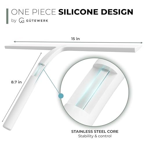 GÜTEWERK Silicone Shower Squeegee for Glass Doors & Mirrors with Stainless Steel Core, Streak-Free & No-Squeak Window Cleaning, 3-in-1 No-Drill Mount (Hook/Suction/Adhesive),White, 15 Inches - Image 4