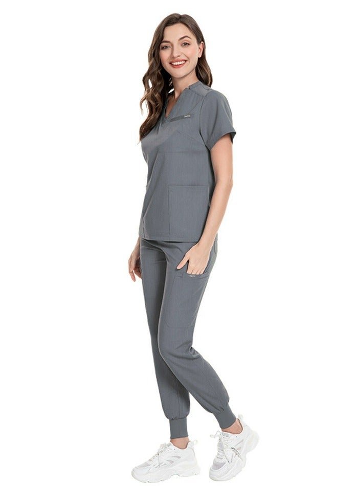 Loquat Medical Uniform Scrubs Set Medical Scrubs Solid Color 2 Piece Set Top and Pants Suit Grey - Image 1