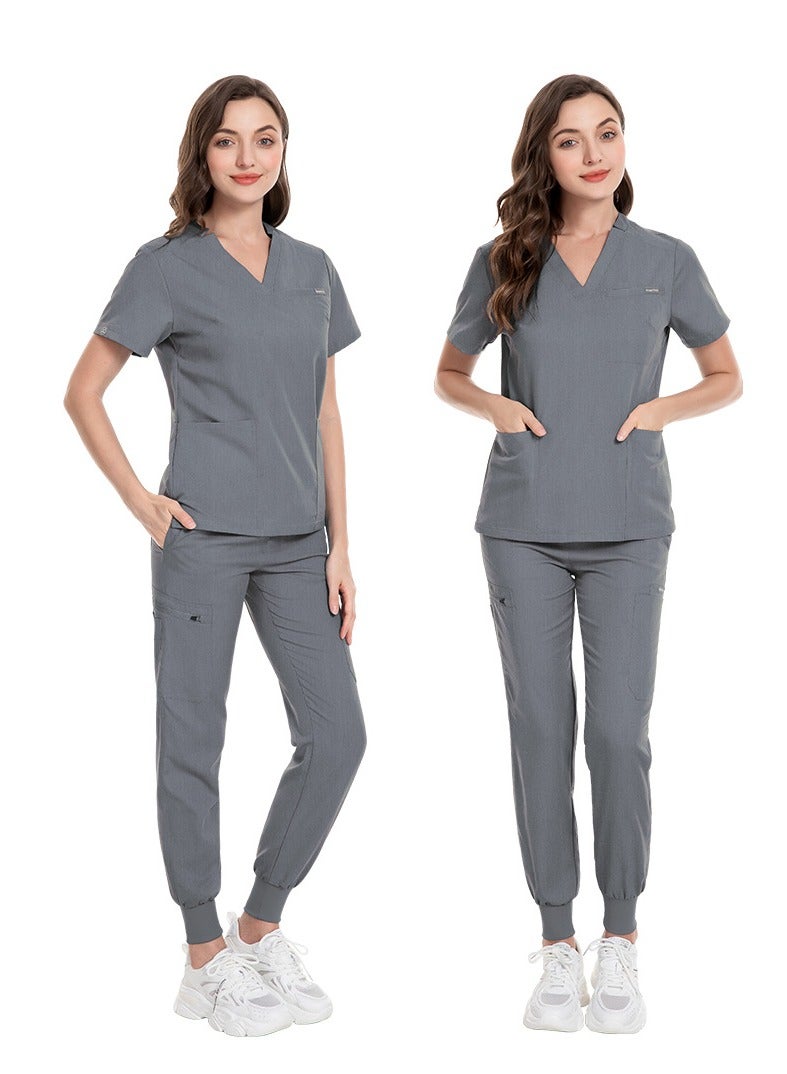 Loquat Medical Uniform Scrubs Set Medical Scrubs Solid Color 2 Piece Set Top and Pants Suit Grey - Image 2