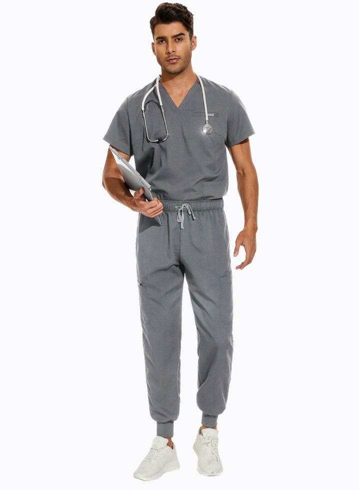 Loquat Medical Uniform Scrubs Set Medical Scrubs Solid Color 2 Piece Set Top and Pants Suit Grey - Image 3