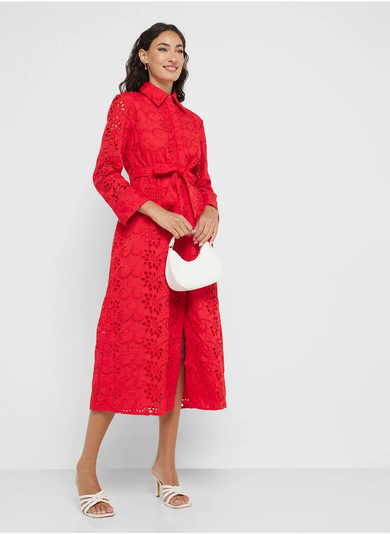 جينجر Broderie A Line Belted Shirt Dress