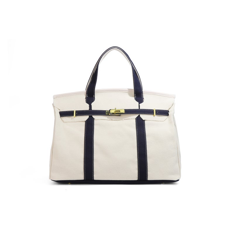 Canvas Tote Bag, White with Blue - Image 1