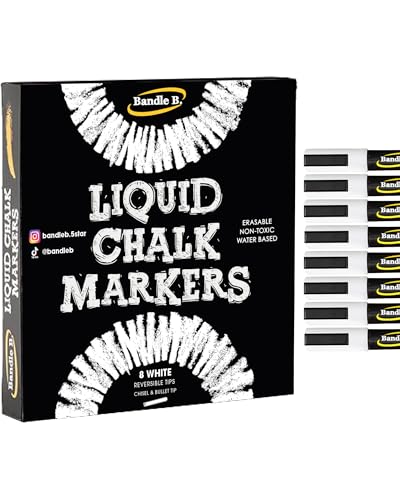 Bandle B. Bandle B Chalk Markers 8 White Erasable NonToxic WaterBased Reversible Tips Crisp White For Kids and GrownUps for Glass and Chalkboard Markers for Businesses Restaurants 6mm - Image 1