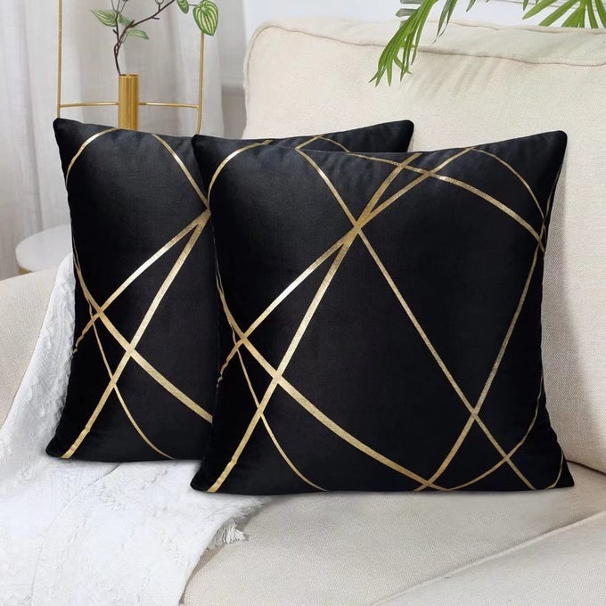 VELVET CUSHION COVER BLACK DECORATIVE THROW PILLOW COVERS GOLD LINES SQUARE GEOMETRY CUSHION CASE SOFT HOME FOR LIVING ROOM BEDROOM PACK OF 2 20 X 20 INCH 50 X 50 CM