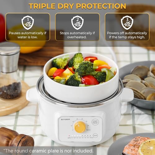 BUYDEEM G32 Electric Food Steamer 1.6QT, Stainless Steel Steamer for Vegetable Egg Seafood, 8 Time Settings, Triple Dry Protection, Quick Steam, Healthy Cooking for 1-2 Servings, Arctic White - Image 5